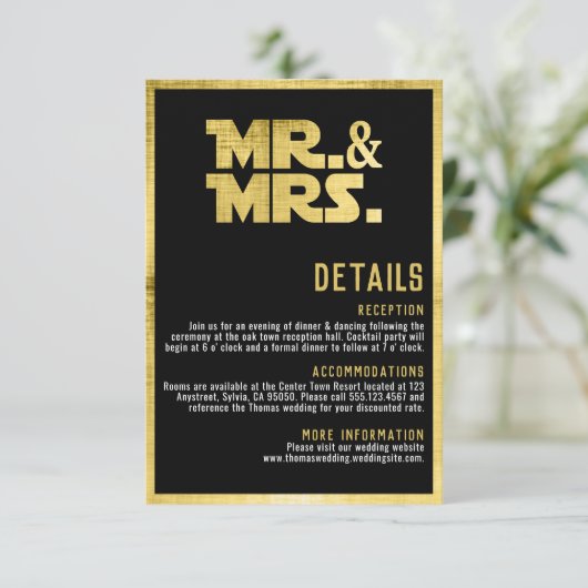 Mr. and Mrs Black Gold Sci Fi Theme Begleitkarte (Stehend Vorderseite)