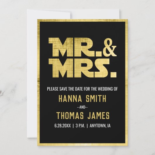 Mr. and Mrs Black Gold Sci Fi Theme Save The Date (Vorderseite)