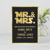 Mr. and Mrs Black Gold Sci Fi Theme Save The Date (Stehend Vorderseite)