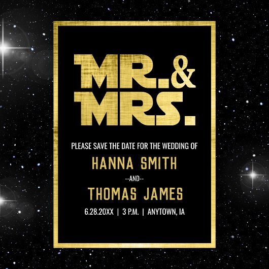 Mr. and Mrs Black Gold Sci Fi Theme Save the Date Magneteinladung