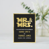 Mr. and Mrs Black Gold Sci Fi Theme Wedding Ankündigungspostkarte (Stehend Vorderseite)