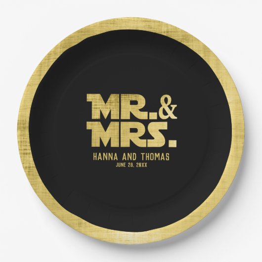 Mr. and Mrs Black Gold Sci Fi Theme Wedding Pappteller (Vorderseite)