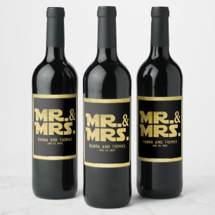 Mr. and Mrs Black Gold Sci Fi Theme Wedding Weinetikett