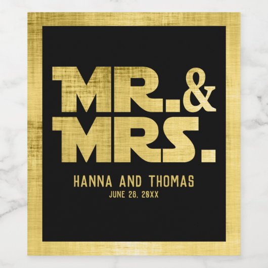 Mr. and Mrs Black Gold Sci Fi Theme Wedding Weinetikett (Einzelnes Label)
