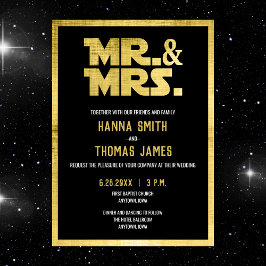 Mr. and Mrs Black Gold Sci Fi Wedding Einladung Postkarte