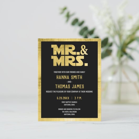 Mr. and Mrs Black Gold Sci Fi Wedding Einladung Postkarte (Stehend Vorderseite)