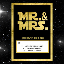 Mr. and Mrs Black Gold Sci Fi Wedding RSVP Card Save The Date