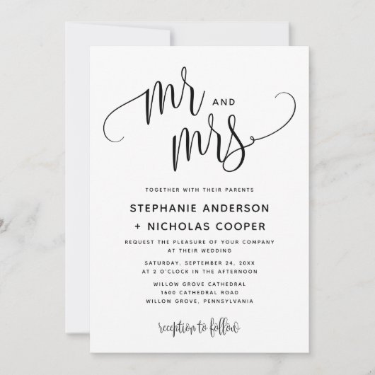Mr. and Mrs Black Lovely Script Typografy Wedding Einladung (Vorderseite)