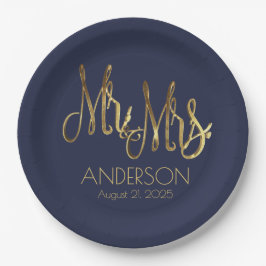 Mr. and Mrs Blue and Gold Elegant Add Name Date Pappteller