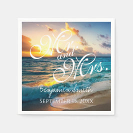 Mr. and Mrs Blue Beach Wedding Name Date Napkins Serviette