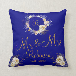Mr. and Mrs Blue Gold Floral Monogram Logo Kissen