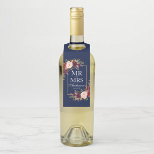 Mr. and Mrs Burgundy Floral Blue Gold Wedding Flaschenanhänger