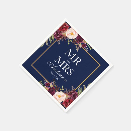 Mr. and Mrs Burgundy Floral Blue Gold Wedding Serviette (Ecke)