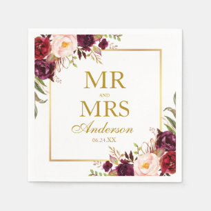 Mr. and Mrs Burgundy Floral Gold Wedding Serviette
