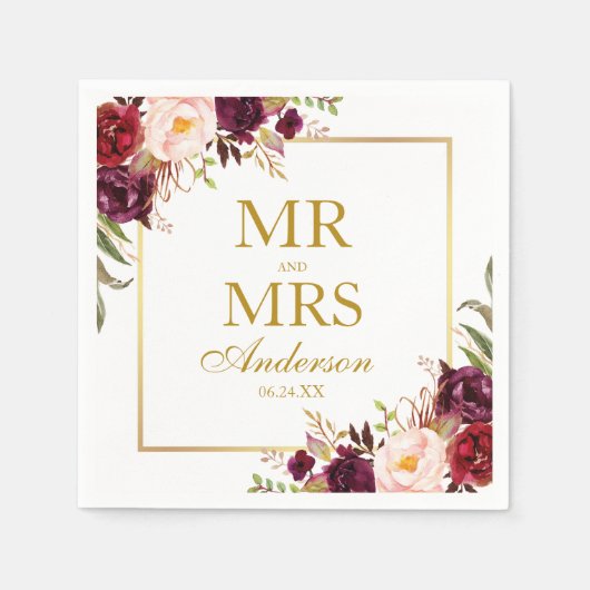 Mr. and Mrs Burgundy Floral Gold Wedding Serviette (Vorderseite)