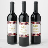 Mr. and Mrs Burgundy Floral Gold Wedding Weinetikett (Flaschen)