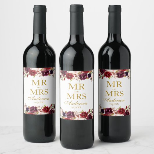 Mr. and Mrs Burgundy Floral Gold Wedding Weinetikett (Flaschen)