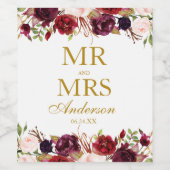 Mr. and Mrs Burgundy Floral Gold Wedding Weinetikett (Einzelnes Label)