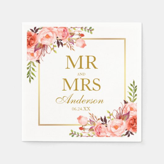 Mr. and Mrs Coral Floral Gold Wedding Serviette (Vorderseite)