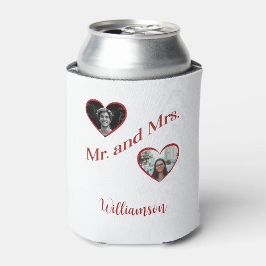 Mr. and Mrs. Custom Last Name Photo Double Hearts Dosenkühler (Kanne Vorderseite)