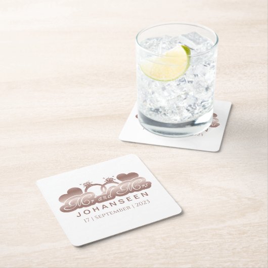 Mr. and Mrs Elegant Rose Gold Hearts Gastgeschenke Rechteckiger Pappuntersetzer (Vor Ort)