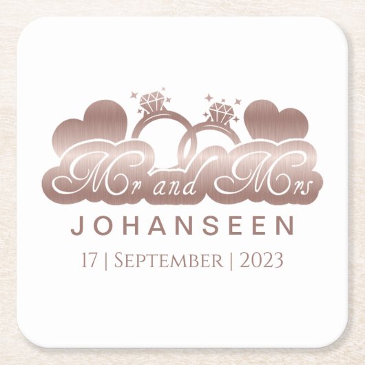 Mr. and Mrs Elegant Rose Gold Hearts Gastgeschenke Rechteckiger Pappuntersetzer (Vorderseite)