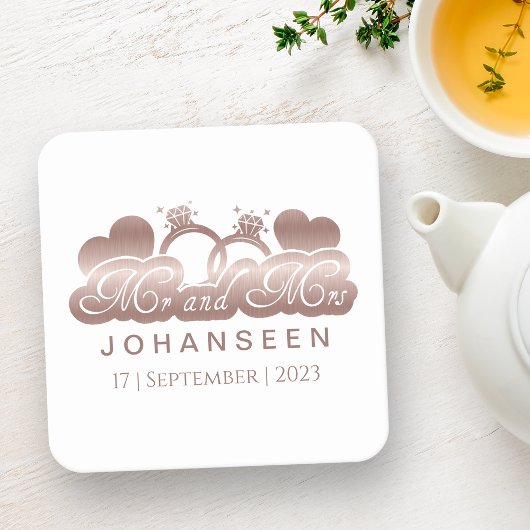 Mr. and Mrs Elegant Rose Gold Hearts Gastgeschenke Rechteckiger Pappuntersetzer