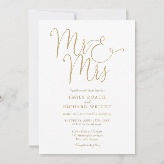 Mr. And Mrs. Elegant Script Gold Wedding Einladung (Vorderseite)