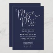 Mr. And Mrs. Elegant Script Navy Blue Wedding Einladung (Vorne/Hinten)