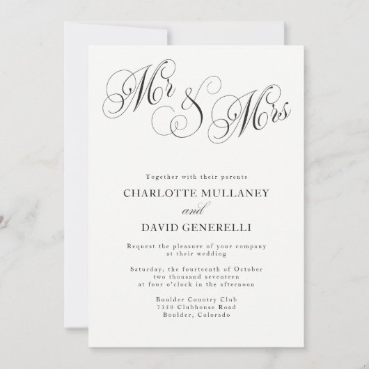 Mr. and Mrs. Elegant Script Wedding Einladung (Vorderseite)