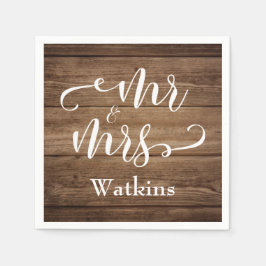 "Mr. and Mrs." Elegante weiße Schrift über Rustika Serviette