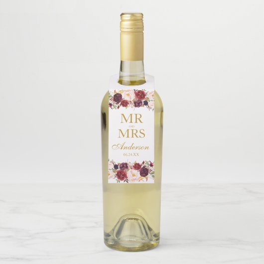 Mr. and Mrs Gold Burgundy Floral Wedding Flaschenanhänger (Auf Flasche)