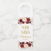 Mr. and Mrs Gold Burgundy Floral Wedding Flaschenanhänger (Vorderseite)
