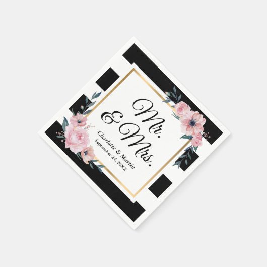 Mr. and Mrs. Gold Frame Schwarz-weiß Floral Weddin Serviette (Ecke)