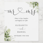 Mr And Mrs Heart Script Greenery Floral Wedding Weinetikett (Einzelnes Label)