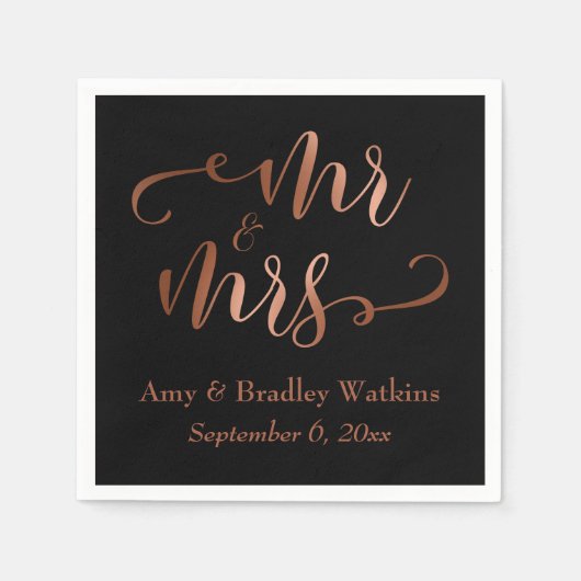 "Mr. and Mrs." Imitats Copper Script auf Black, We Serviette (Vorderseite)