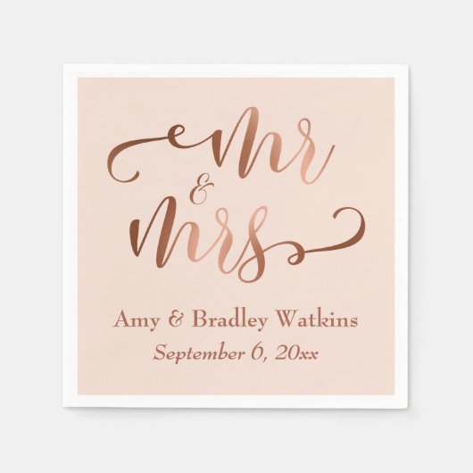 "Mr. and Mrs." Imitats Copper Script auf Blush Pin Serviette (Vorderseite)