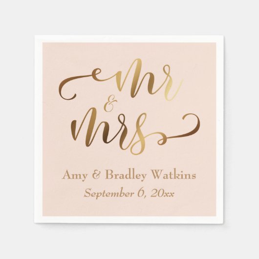 "Mr. and Mrs." Imitats Gold Foil Script auf Blush Serviette (Vorderseite)