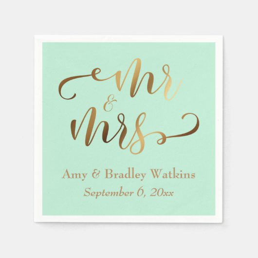 "Mr. and Mrs." Imitats Gold Foil Script auf Mint Serviette (Vorderseite)