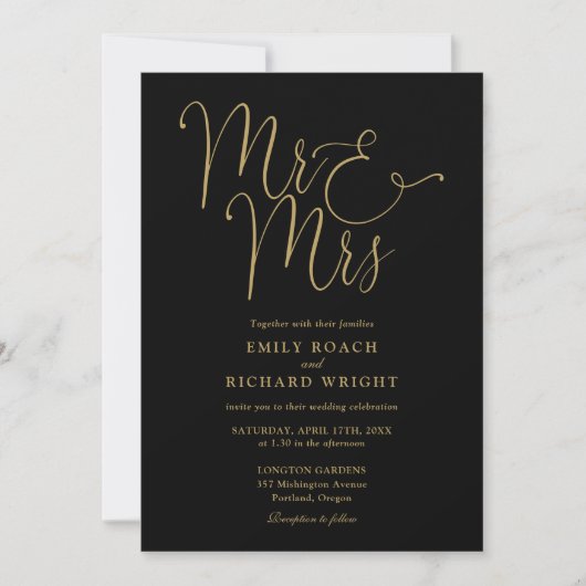 Mr. and Mrs Modern QR Code Black and Gold Wedding Einladung (Vorderseite)