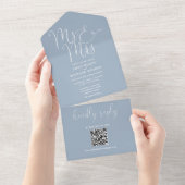 Mr. and Mrs Modern QR Code Dusty Blue Wedding All In One Einladung (Abreißen)