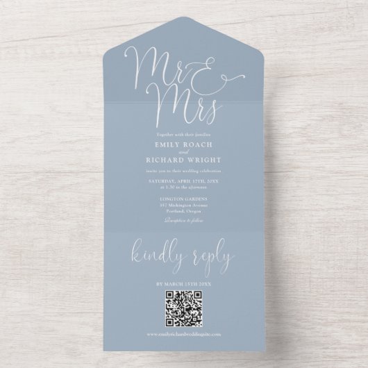 Mr. and Mrs Modern QR Code Dusty Blue Wedding All In One Einladung (Innen Boden)