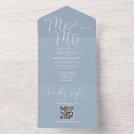 Mr. and Mrs Modern QR Code Dusty Blue Wedding All In One Einladung