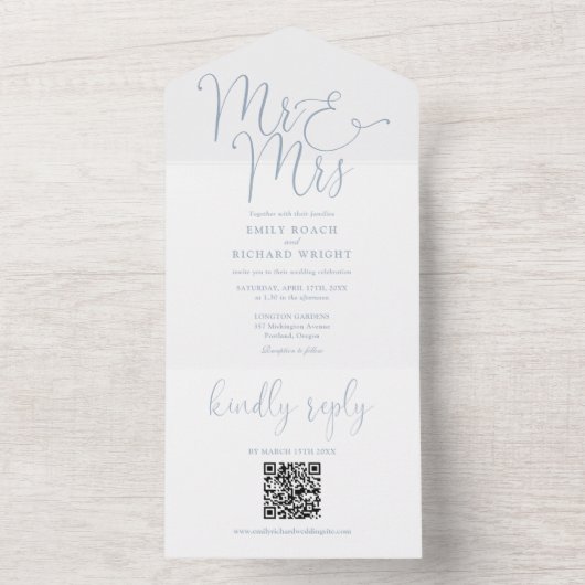 Mr. and Mrs Modern QR Code Dusty Blue Wedding All In One Einladung (Innen Boden)