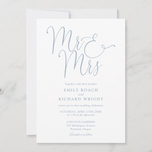 Mr. and Mrs Modern QR Code Dusty Blue Wedding Einladung (Vorderseite)