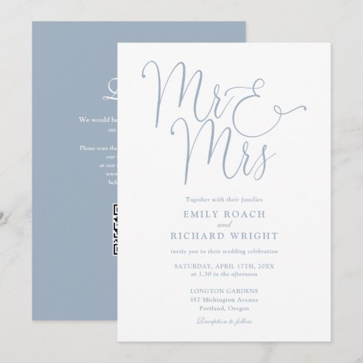 Mr. and Mrs Modern QR Code Dusty Blue Wedding Einladung (Vorne/Hinten)