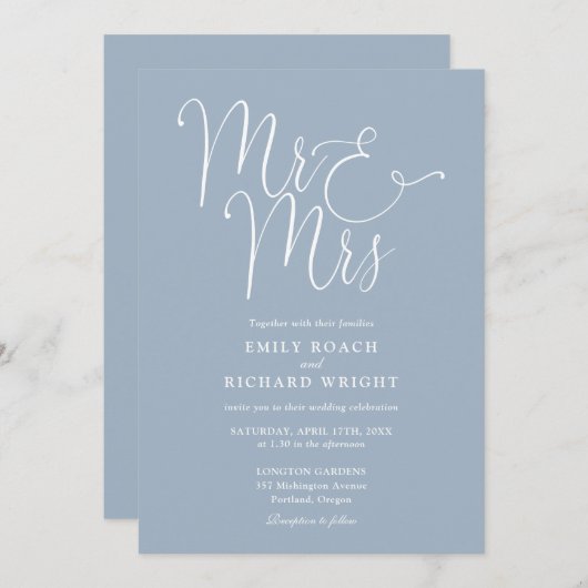 Mr. and Mrs Modern QR Code Dusty Blue Wedding Einladung (Vorne/Hinten)