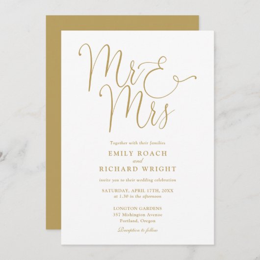 Mr. and Mrs Modern QR Code Gold Wedding Einladung (Vorne/Hinten)