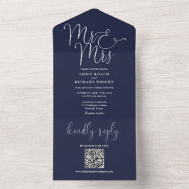 Mr. and Mrs Modern QR Code Navy Blue Wedding All In One Einladung