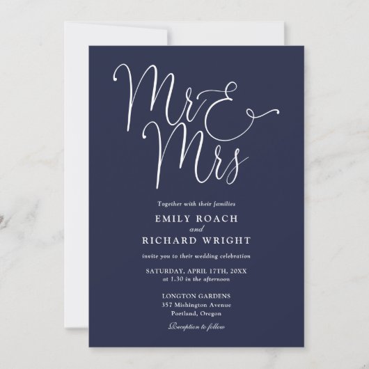 Mr. and Mrs Modern QR Code Navy Blue Wedding Einladung (Vorderseite)